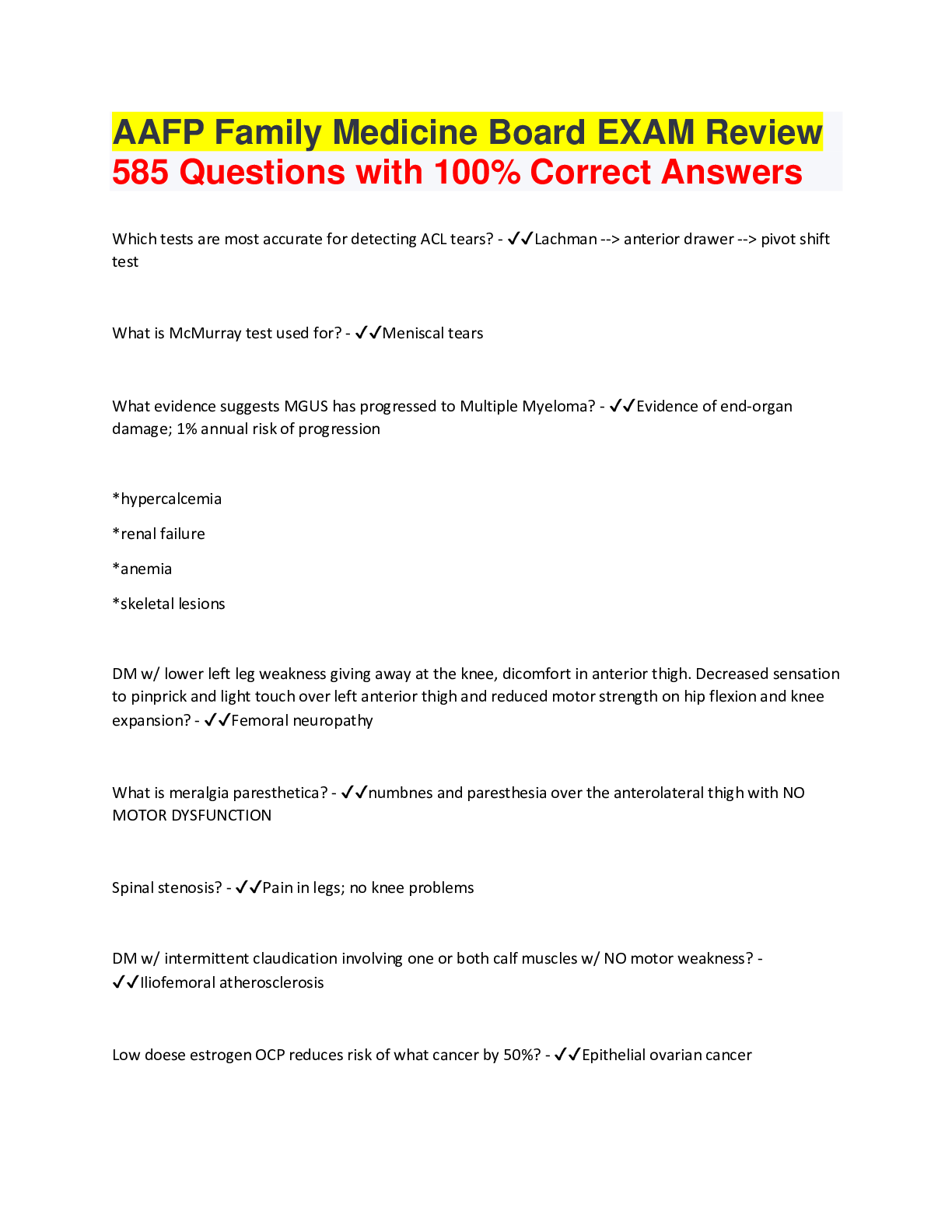 Preview image for AAFP Family Medicine Board EXAM Review 585 Questions with 100% Correct Answers